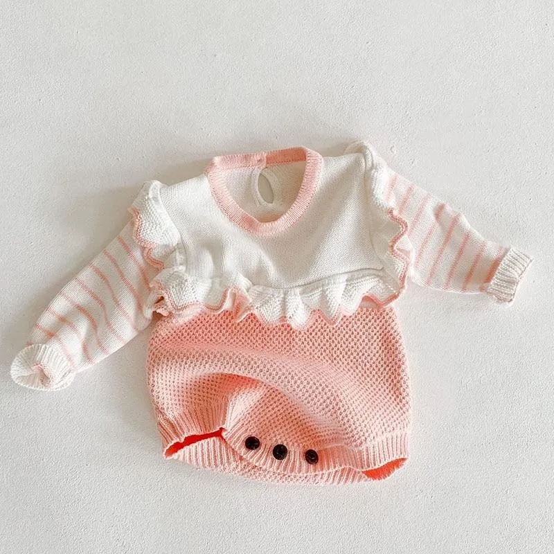 Cute Autumn Winter Infant Baby Girls Bowknot Rompers Clothing Kids Girl Long Sleeve Knit Rompers Clothes