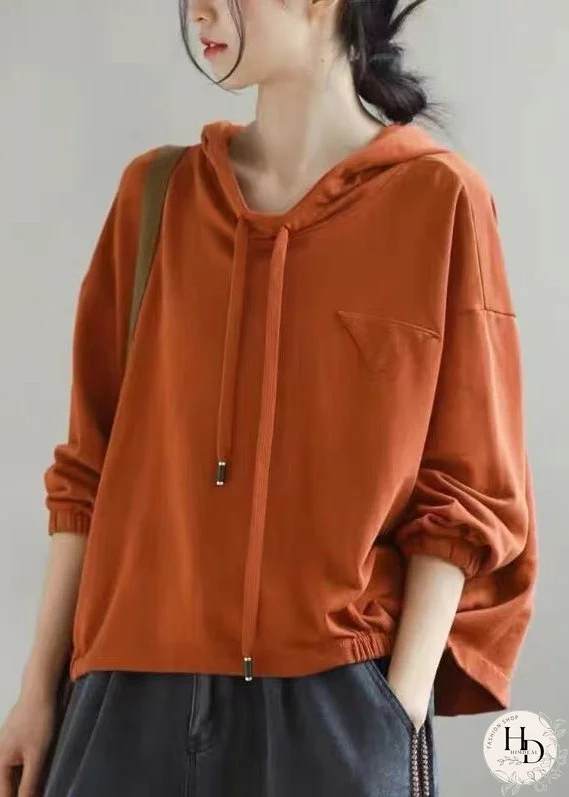 Women Orange Hooded Lace Up Cotton Sweatshirts Long Sleeve