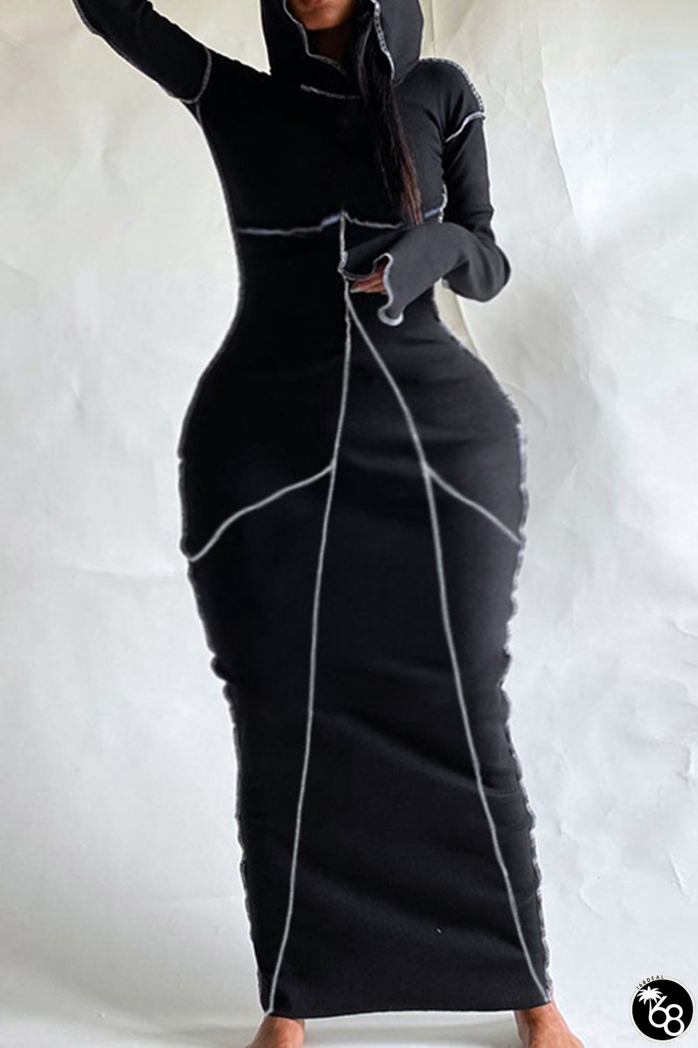 Casual Patchwork Contrast Hooded Collar Long Dress Dresses | 168DEAL