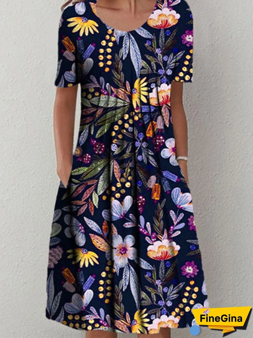 Women Short Sleeve Scoop Neck Floral Printed Pockets Midi Dress