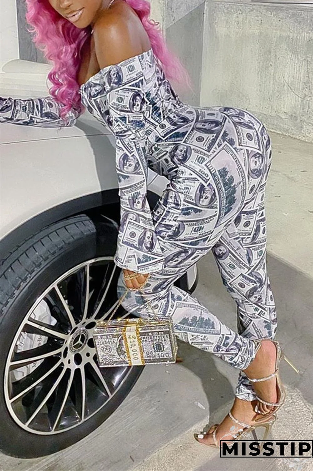 Gray Fashion Sexy Long Sleeve Bateau Neck Off The Shoulder Regular Print Two Pieces