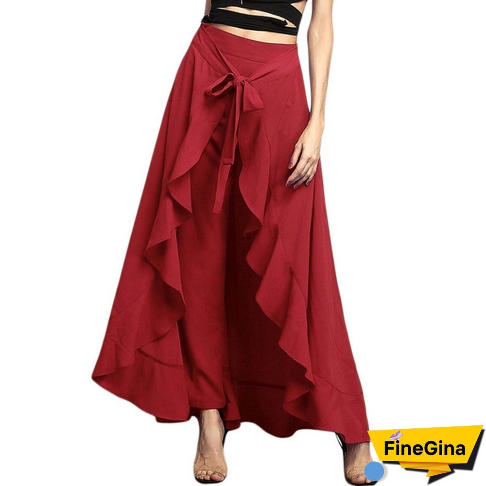 Summer Women's Skirt Pant Ruffle Palazzo Trouser Boho Wide Leg Loose Skirt Pants