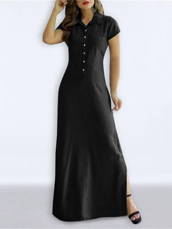 High Waisted Plus Size Buttoned Pockets Split-Side Lapel Maxi Dresses
