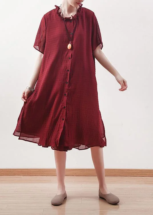 Beautiful red Chiffon clothes ruffles collar short summer shirt Dress