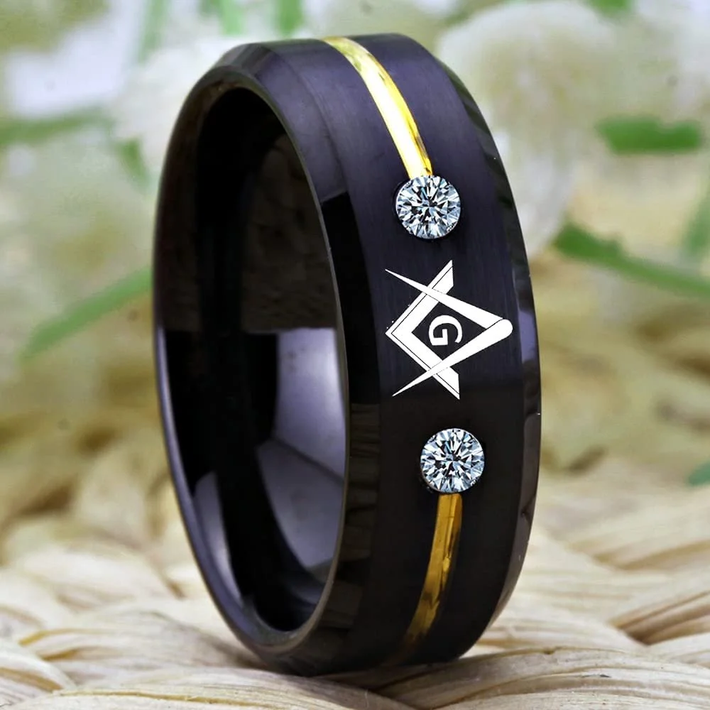 6MM 8MM 10MM Masonic Compass Tungsten Carbide With Gold Red Groove And Blue Cubic Zirconia Inlay Men's Wedding Bands