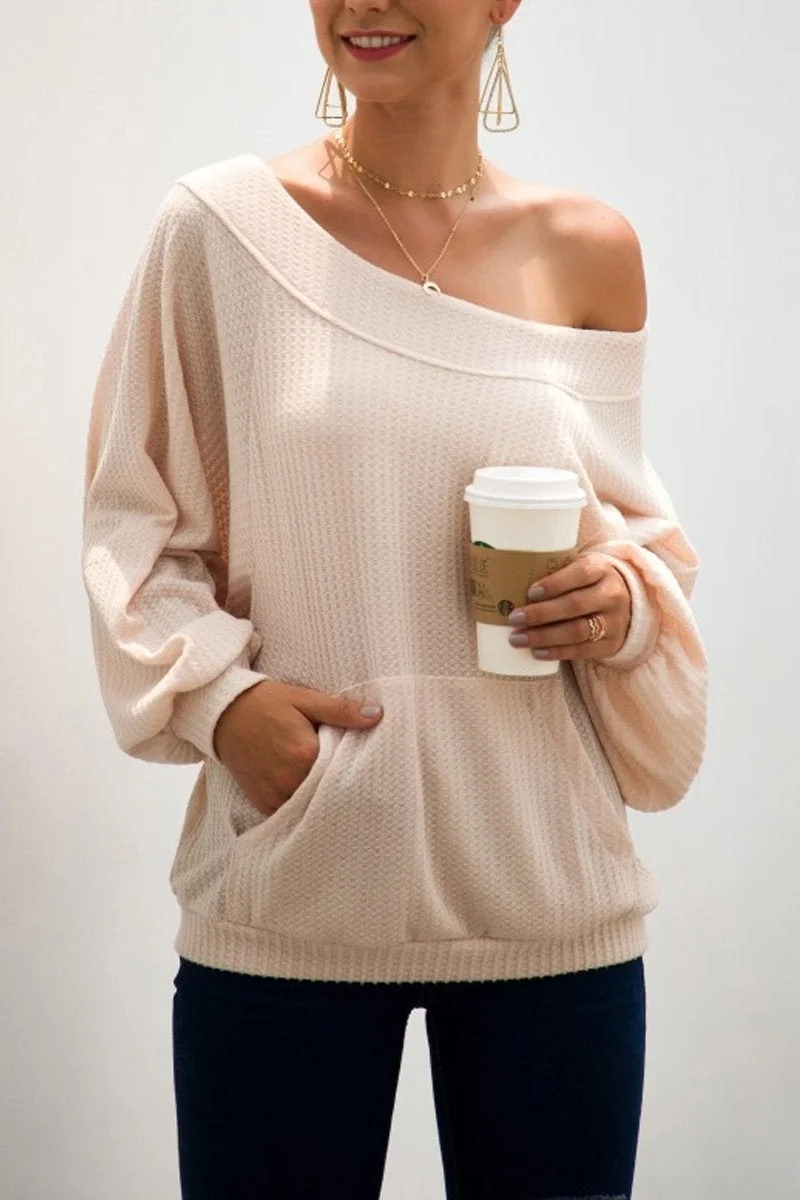 Loose Knitting Pocket Pullover Dew-Shoulder Tops(2 Colors)