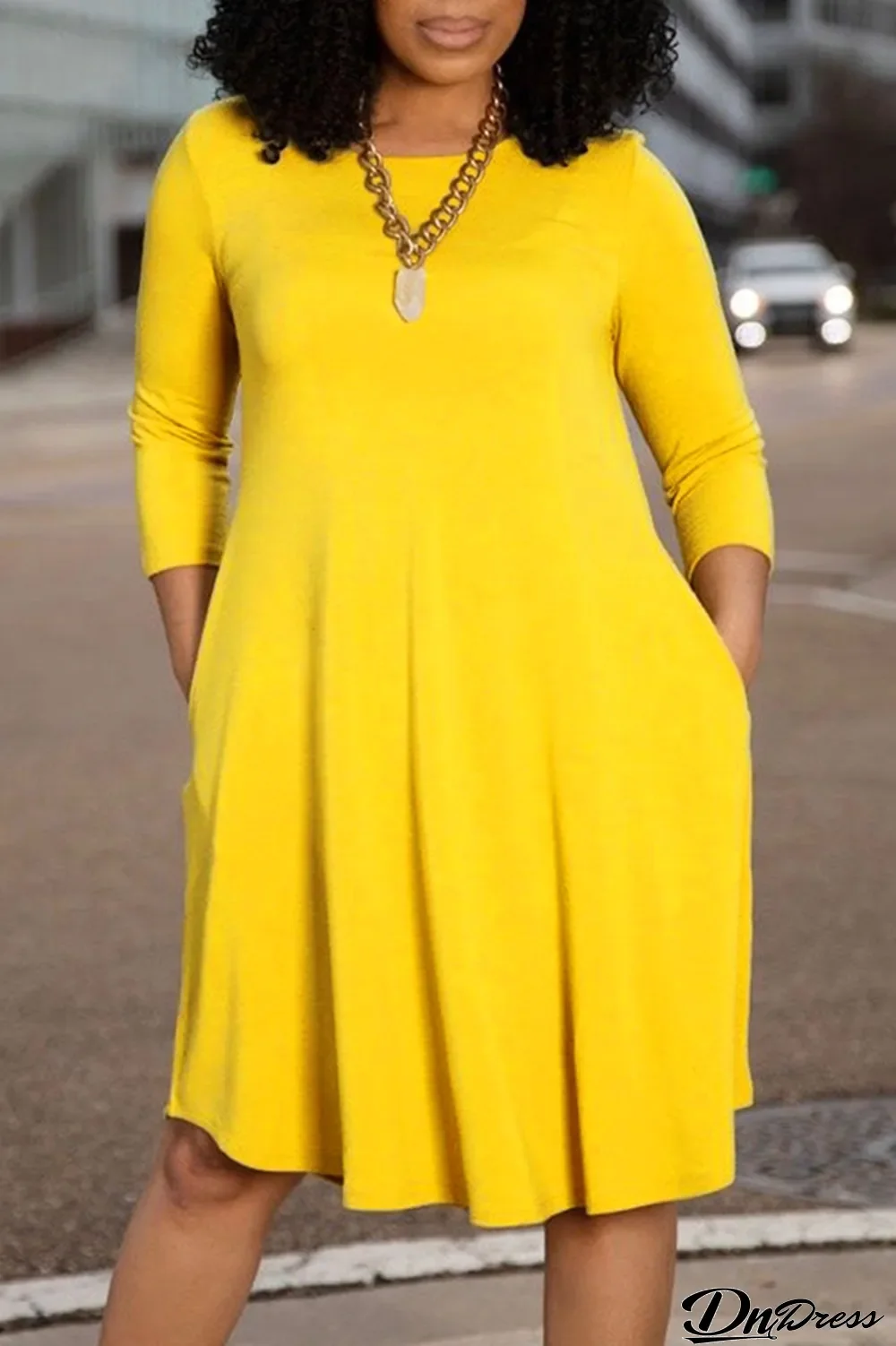 Yellow Casual Solid Patchwork O Neck Cake Skirt Dresses