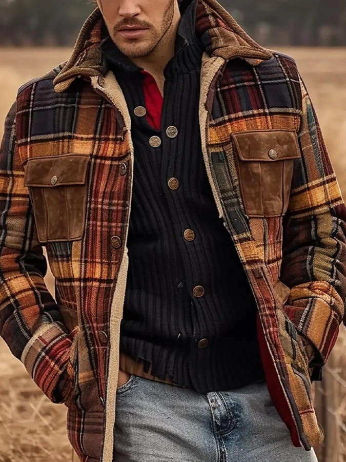 Men's Vintage Plaid Winter Fleece Multi-Pocket Jacket