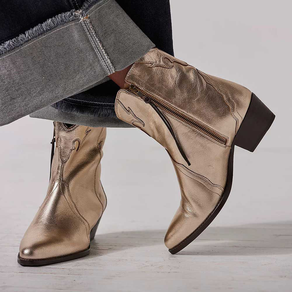 Gold Pointed Toe Zip Booties Chunky Heel Western Boots for Women