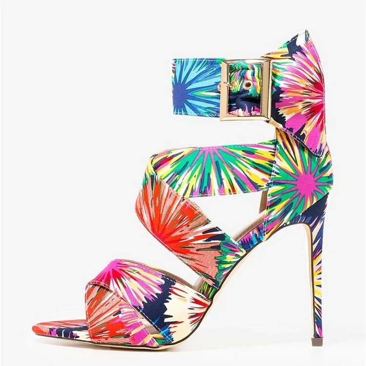 Tropical Floral Heels Ankle Strap Stiletto Heel Sandals |FSJ Shoes