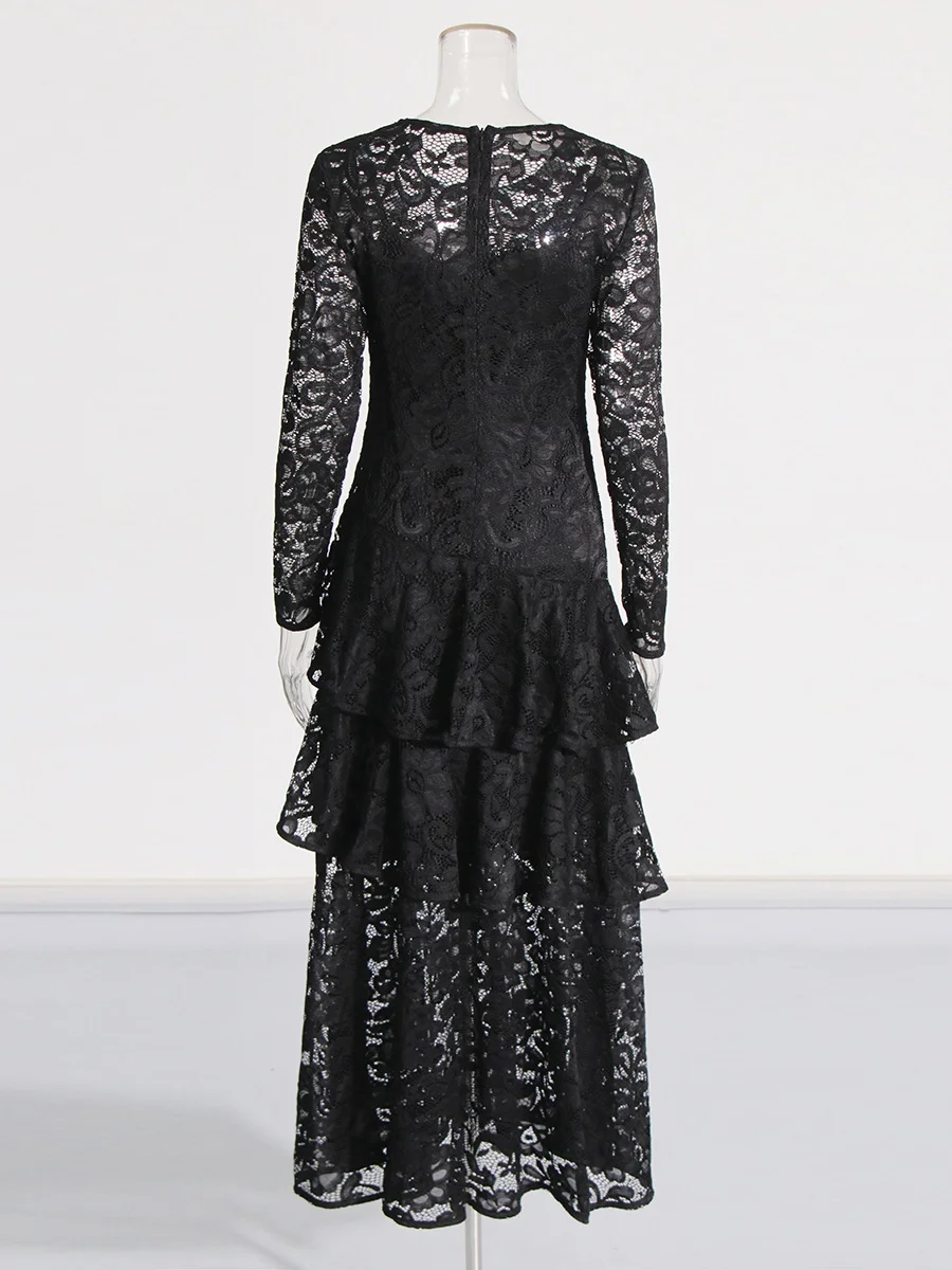 Brownm Fashion Sexy Style Dress Woman 2025 Spring New Round Lace Long-Sleeved Skirt Perspective Senior Long Dress