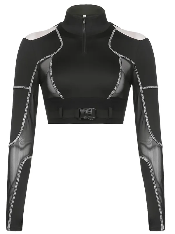 Gothic Dark Paneled See-through Long Sleeve Off Shoulder Midriff Sweatshirt
