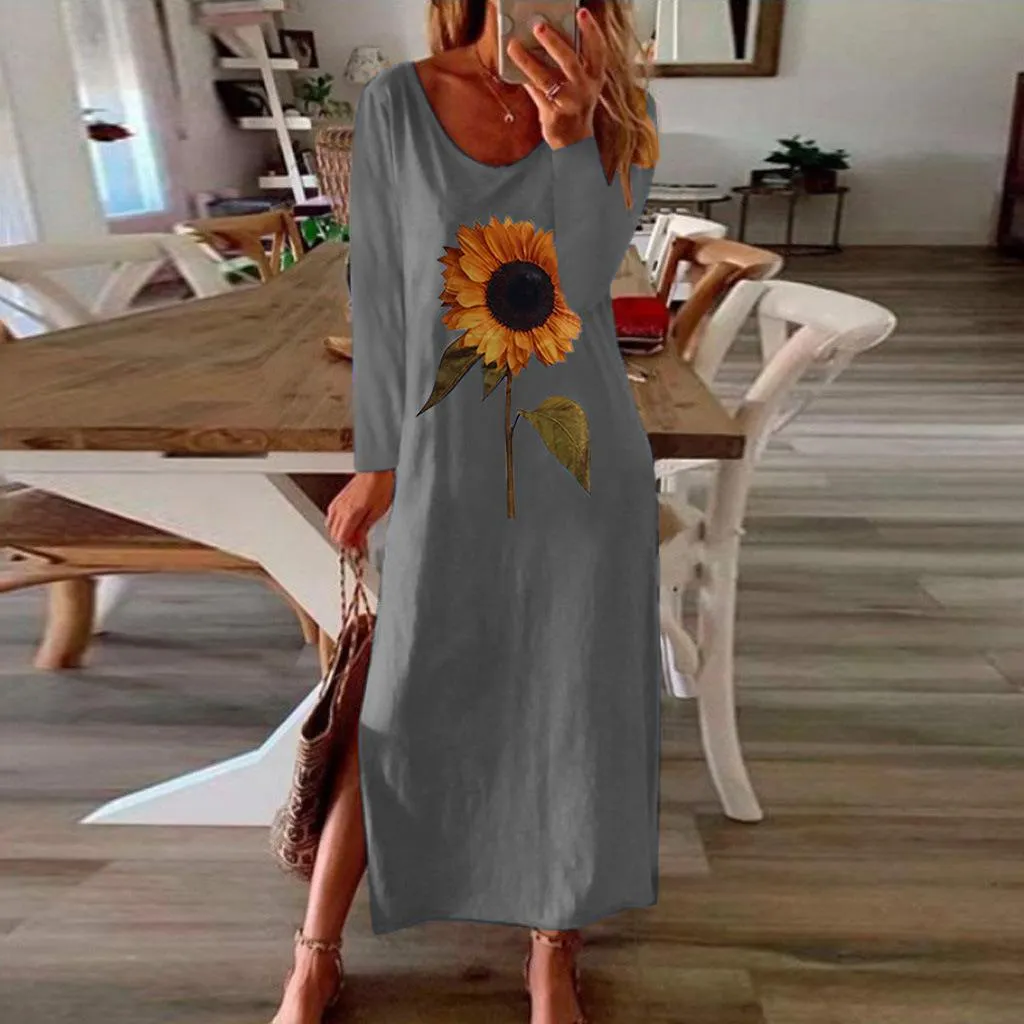 Sunflower 3D Print Split Summer Autumn Dress Women Elegant 2020 White Long Sleeve Plus Size Maxi Dresses for Women Vestidos