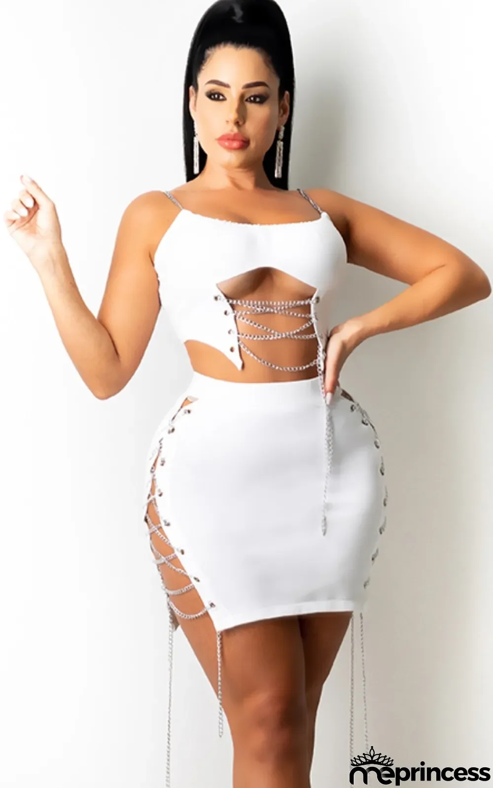 Summer Sexy White Hollow out with Chain Crop Top and Dress set