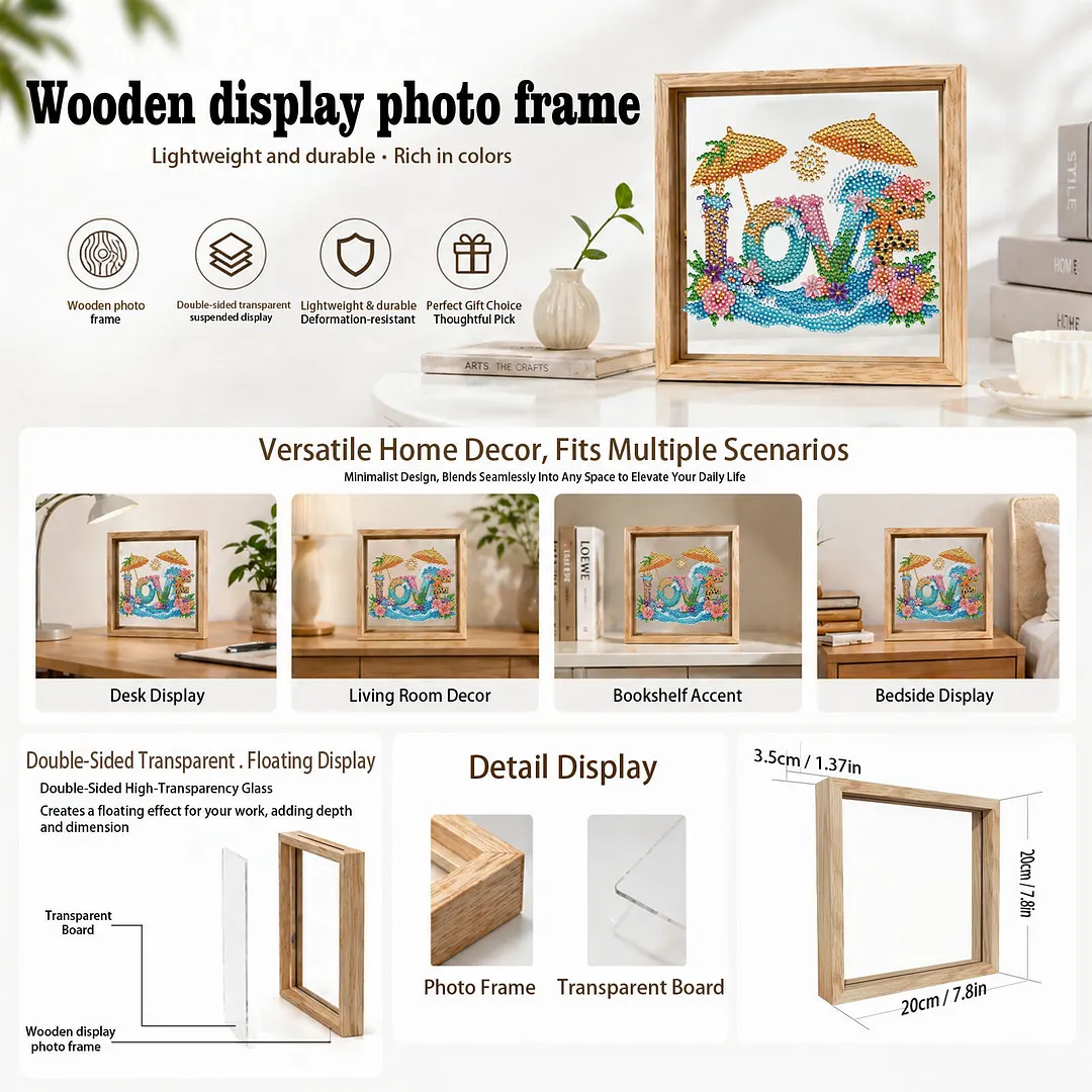 Beach Love DIY Special Shaped Drill Wooden Diamond Painting Tabletop Ornaments Kit with Photo Frame Desktop Diamond Art Kits Double-Sided Pattern for Adults/Beginners Home Decor