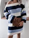 Off-The-Shoulder Contrast Color Striped Loose Long Sleeve Sweater Mini Dress