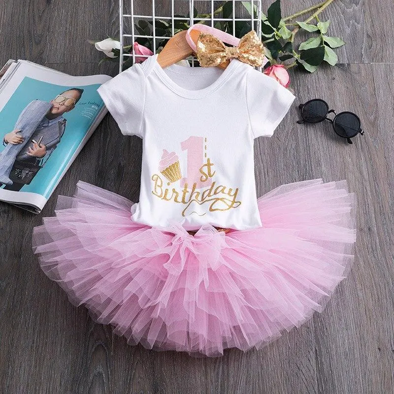 1st Birthday Outfits Baby Girl Clothes Fluffy Children Ballet Skirts with Headband Cotton Romper Infant Clothing Suits for Party