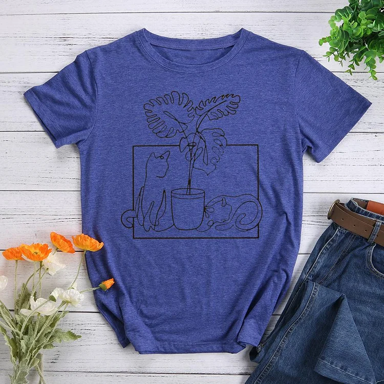 Cats with Plants Round Neck T-shirt