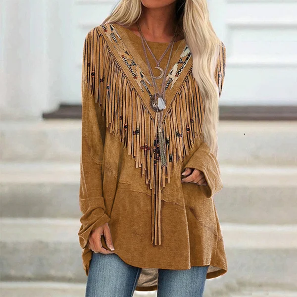 Wearshes Women's Vintage Tassels Art Round Neck Casual Tunic