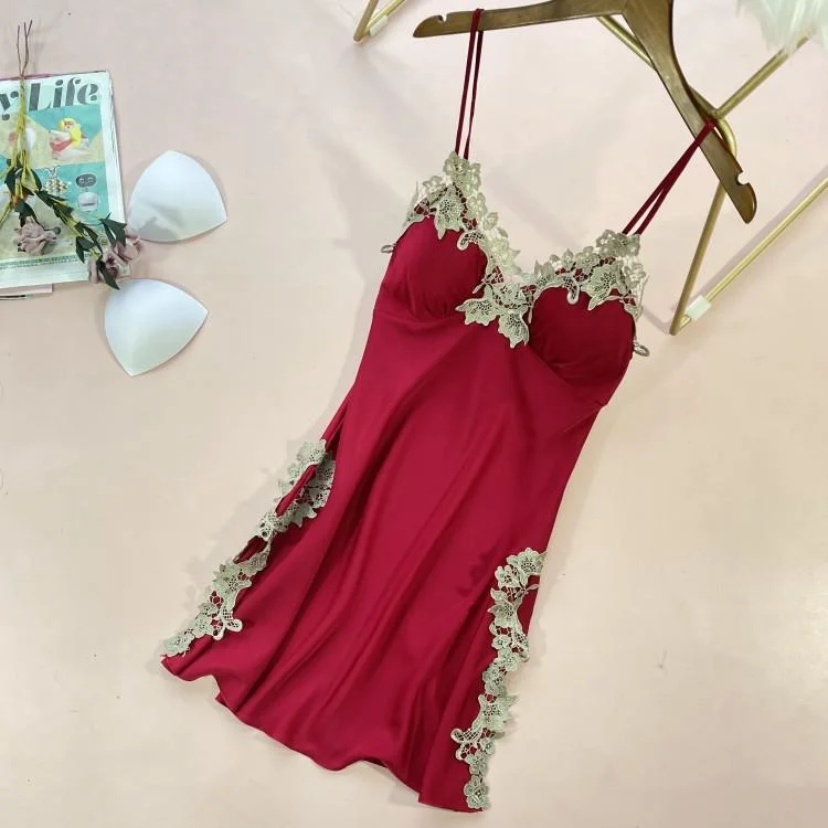 Uaang Lace Satin Nightdress Lady Strap Backless Nighty Gown Summer Sleeveless With Chest Pads Nightgown Sleepshirt Lounge Sleep Dress