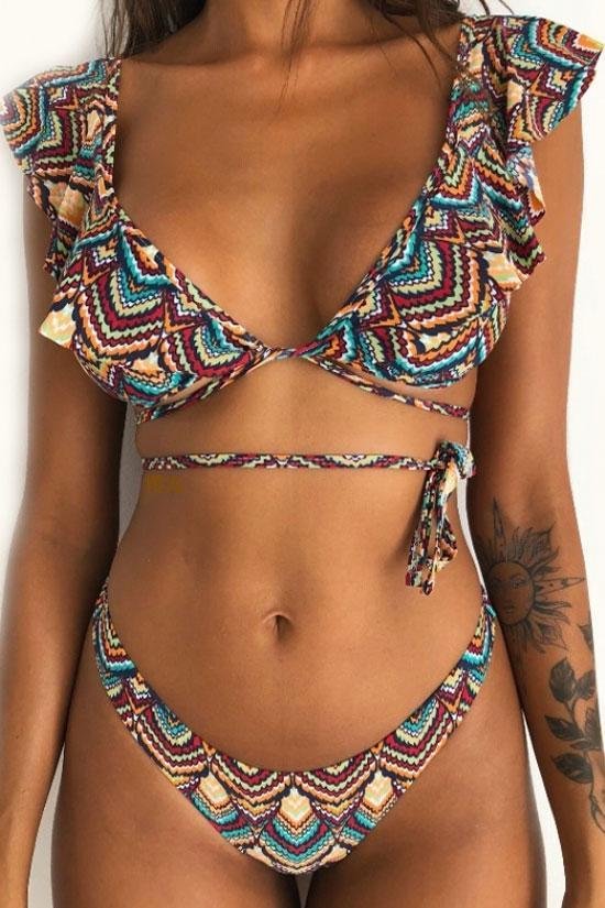 Ethnic Printed Brazilian Cut Ruffle Bikini Swimsuit - Two Piece Set-elleschic
