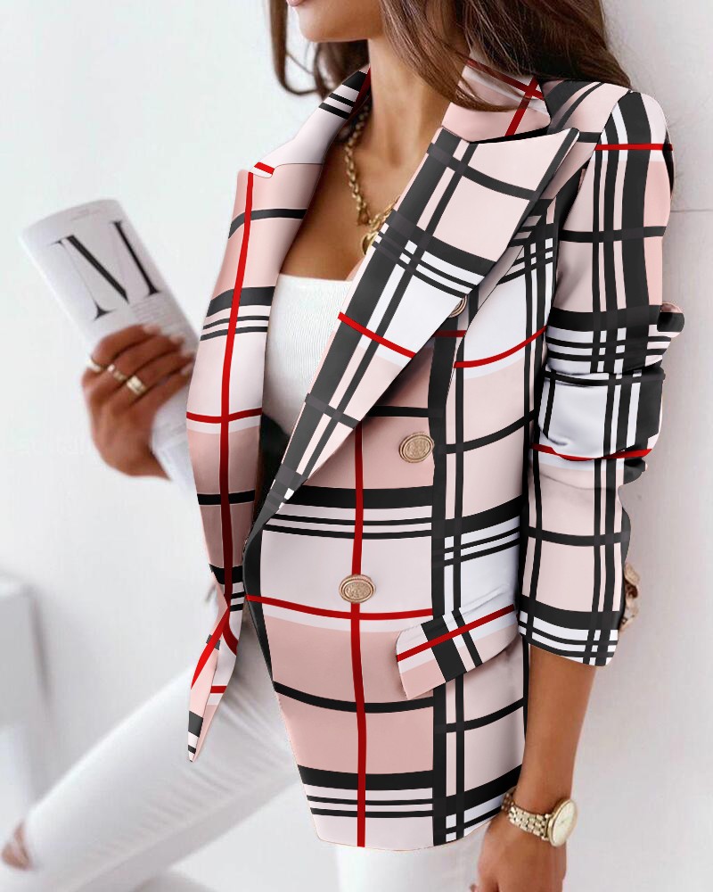  thdmladies Lapel Double Breasted Print Suit Coat thedmladies