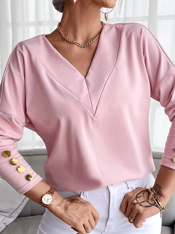 Long Sleeves Loose Buttoned V-Neck T-Shirts Tops