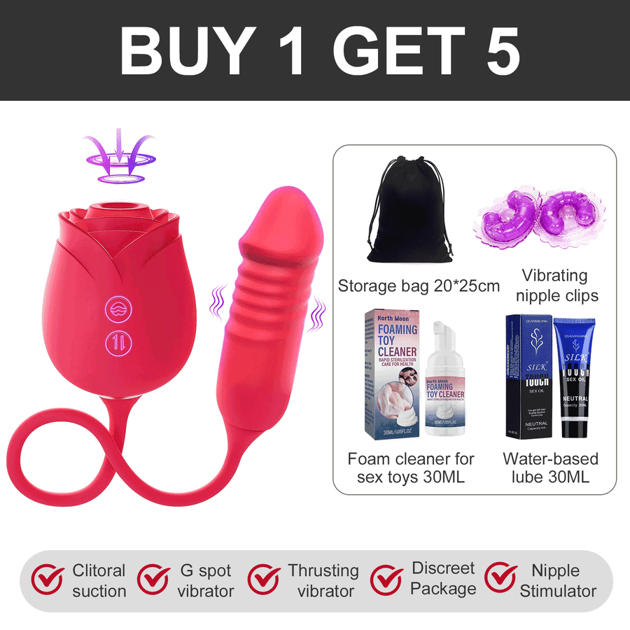 Rose Clit Sucking Vibrator With Thrusting G-spot Dildo – USB Rechargeable, Silicone, Waterproof, Red
