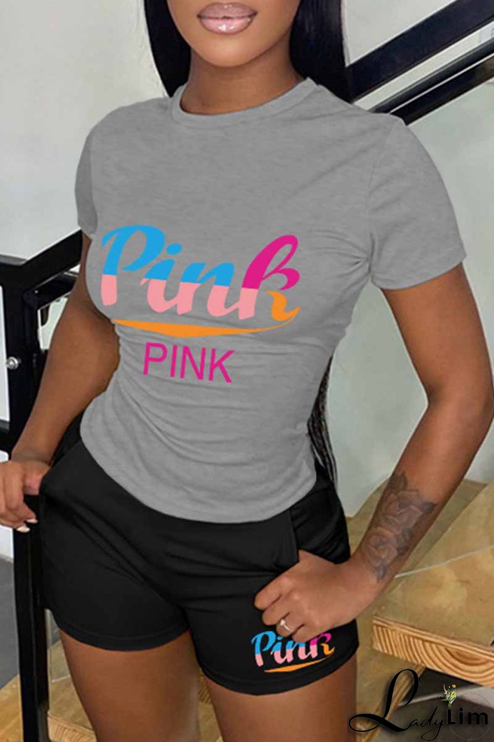 Pink Casual Print Letter O Neck Short Sleeve Two Pieces