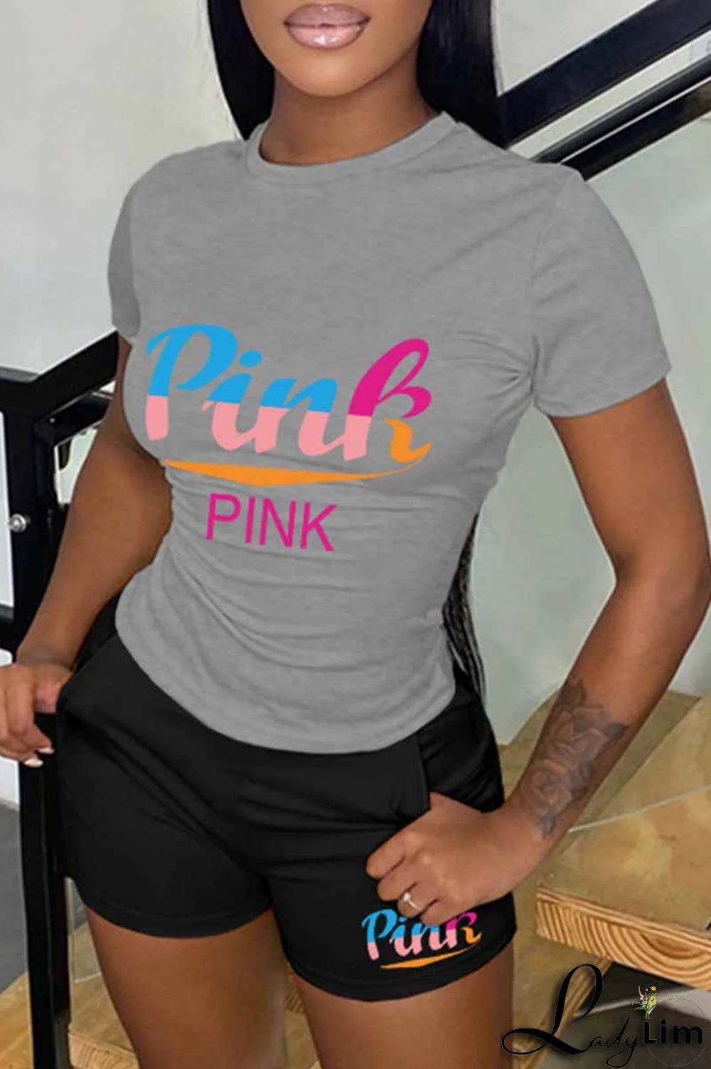 Pink Casual Print Letter O Neck Short Sleeve Two Pieces