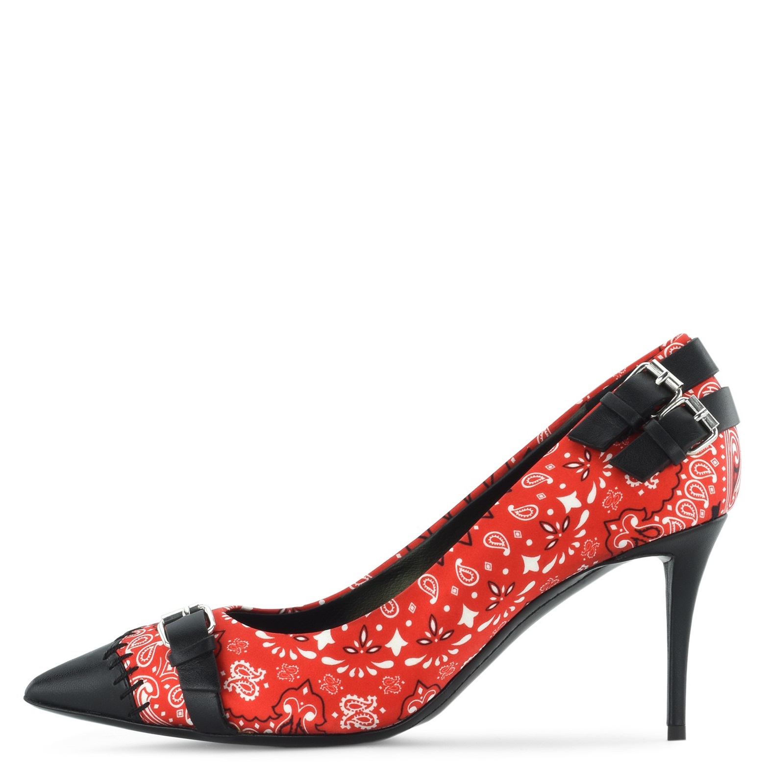 GOOSHOE Red Floral Pointy Toe Buckle Stiletto Heel Pumps