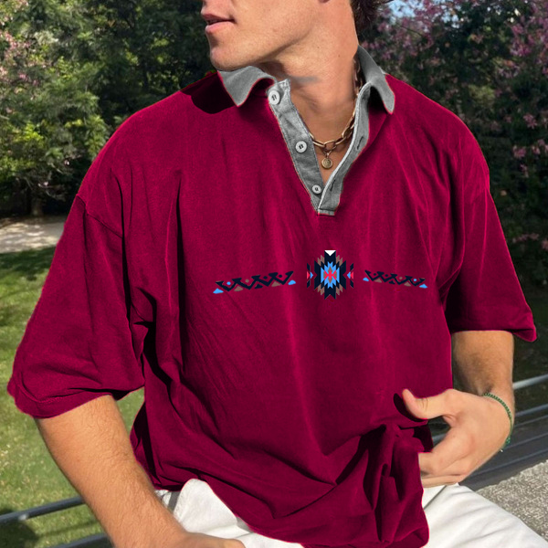 Summer Surfing Logo Ethnic Print Contrast Color Stitching POLO Shirt Unisex Oversized T-shirt