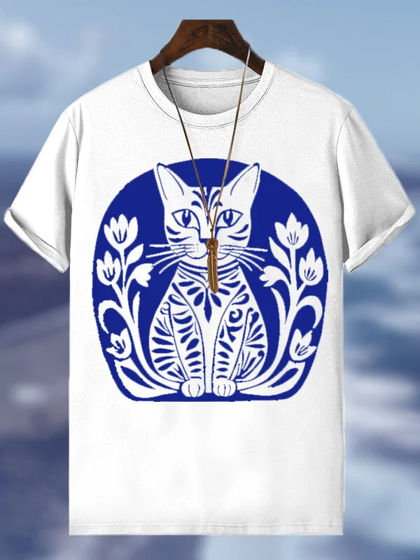 Men's Cute Blue Cat Vacation Print Cotton Casual T-Shirt