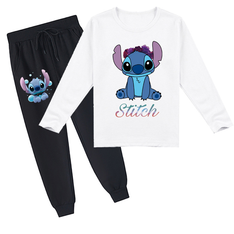 Mayoulove Stitch Cartoon Long-sleeved T-shirt and Trousers Set - Cute and Comfortable for Kids of All Ages-Mayoulove