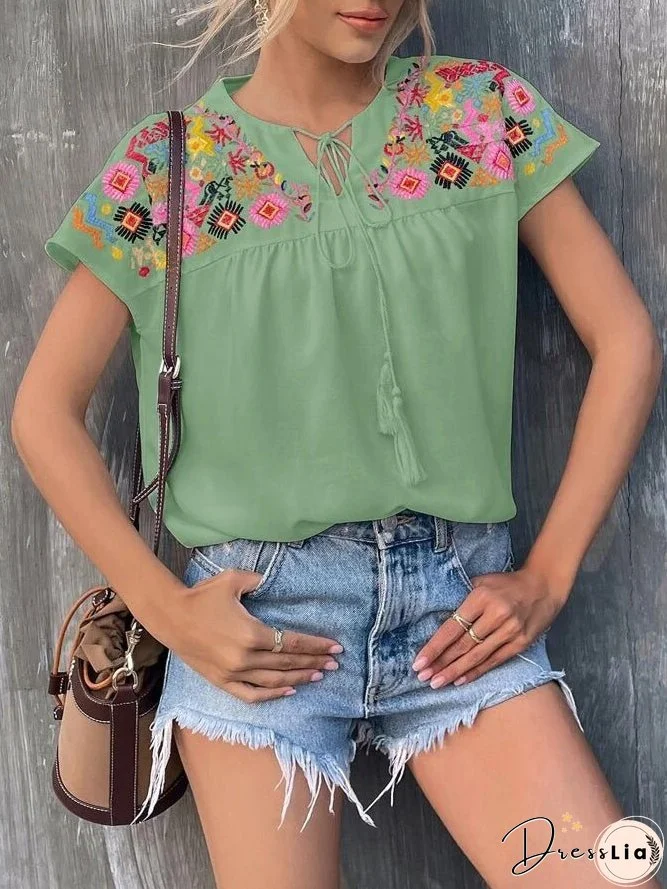 Women's Blouses Embroidered Fringe Collar Batwing Sleeves Blouse