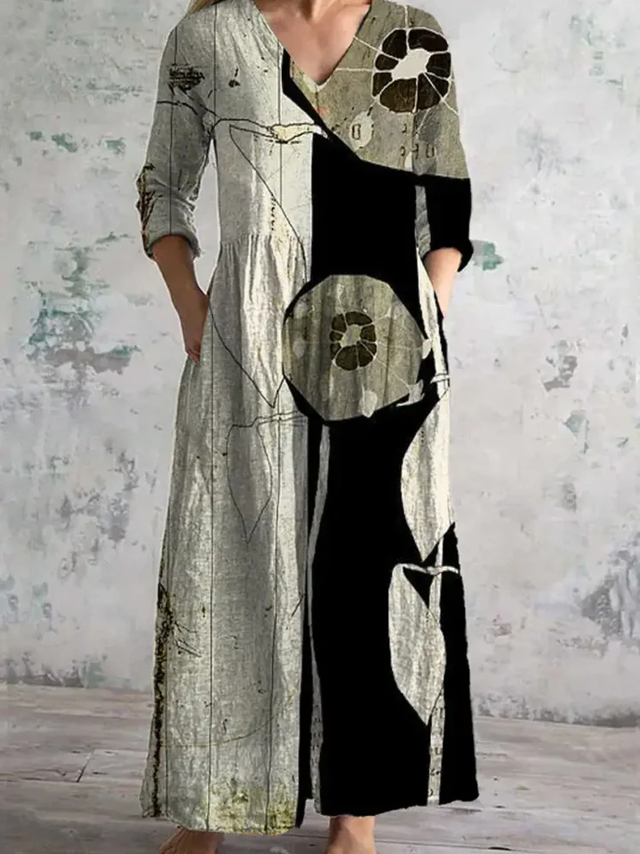 Womens Artistic Watercolor Floral Pattern Cotton And Linen Dress