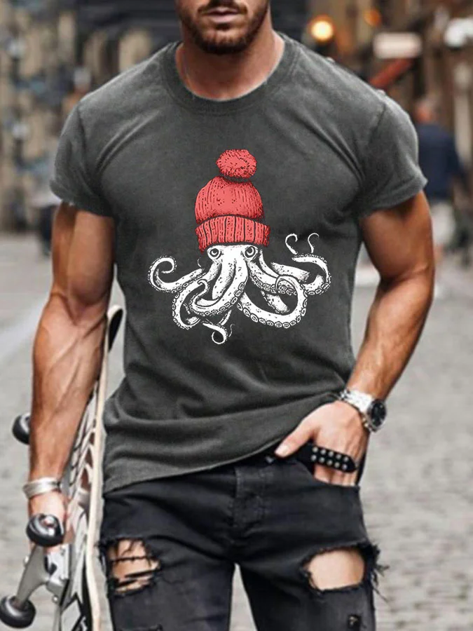 Men's Casual Octopus Chillin Print Cotton Blend T-shirt