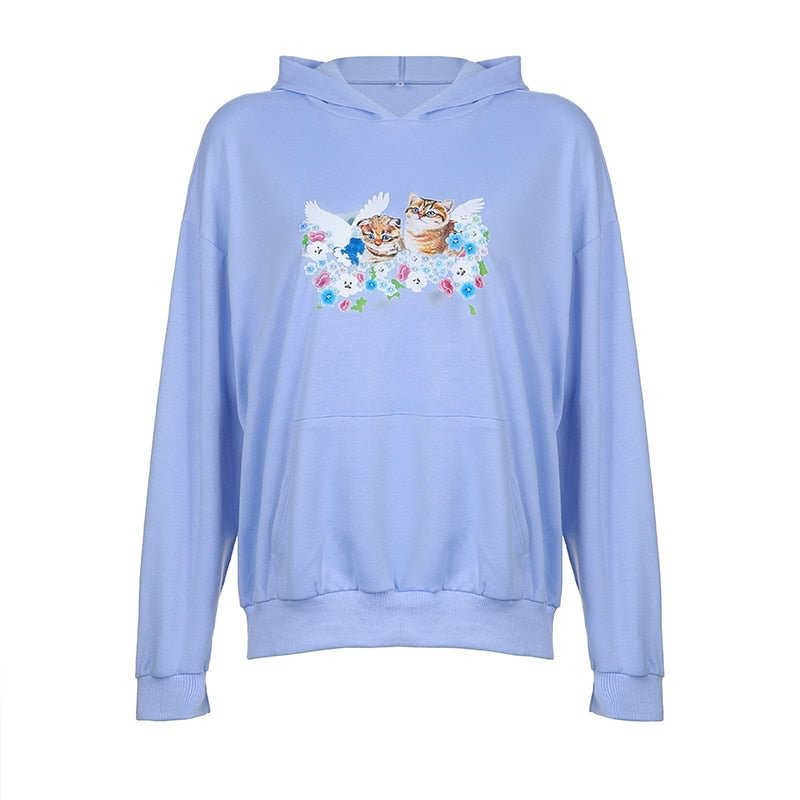 IAMHOTTY Cute Cat Print Hooded Sweatshirt Women Oversized Long Sleeve Y2K Hoodie Fairycore Aesthetic Pullovers Harajuku Clothes