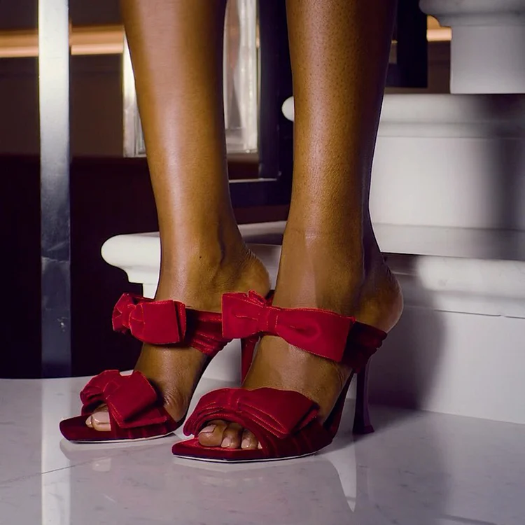 Elegant Red Velvet Shoes Square Toe Stiletto Heels Women's Office Sandal Mules |FSJ Shoes