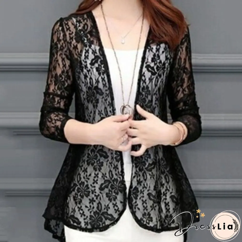 Womens Fashion Lace Cardigans Long Sleeves Solid Color Slim Fit Coat Casual Trench Outwear