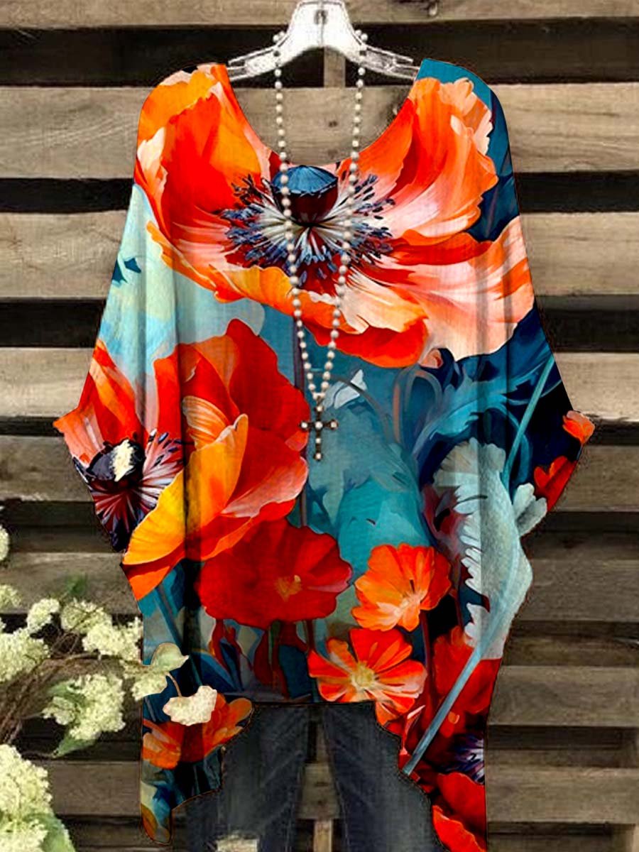 Women's V-Neck Art  Poppy Floral Print Top