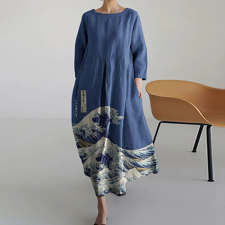Comstylish Women Japanese Art Pattern Linen Blend Maxi Dress