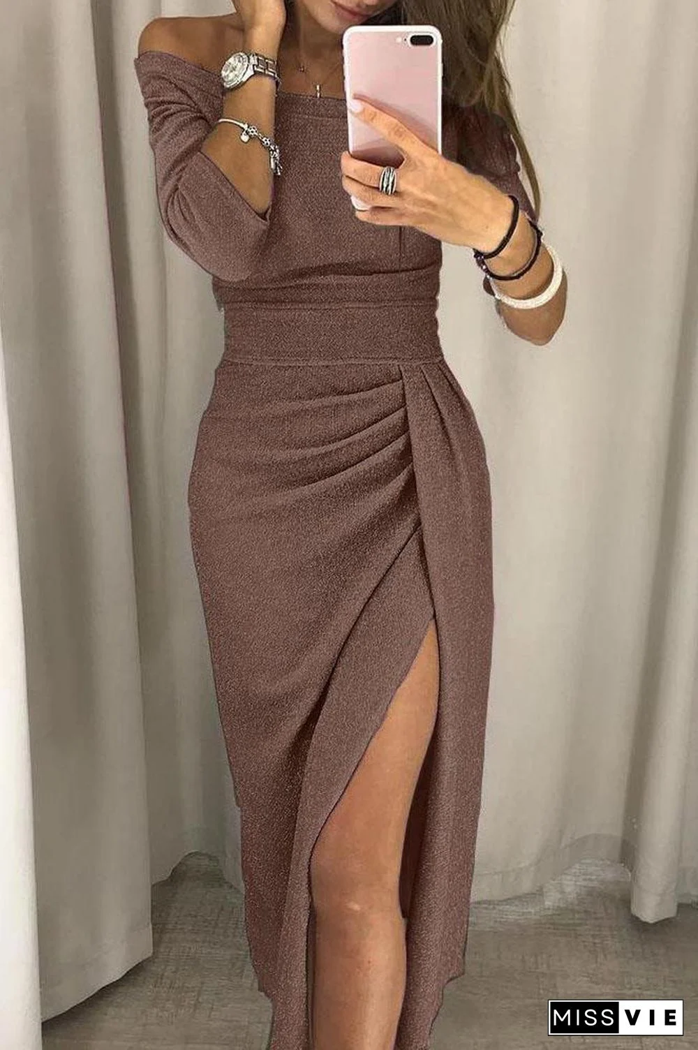 A-line Neck Sequin Slit Wrap Dress