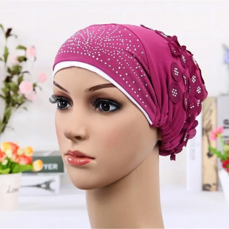 Women's Sequins Flowers Muslim Turban Hat Cap