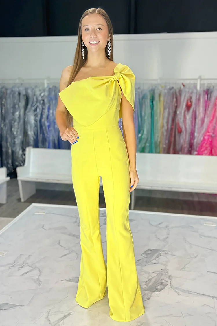 Chic Yellow One Shoulder Satin Long Prom Jumpsuits with Bow