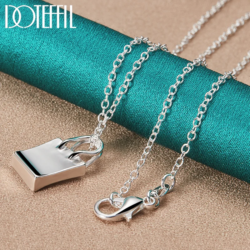 DOTEFFIL 925 Sterling Silver Square Lock Pendant Necklace 18-30 Inch Chain For Women Man Jewelry