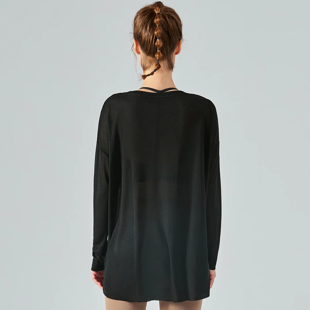 Different types Black of long sleeve one side slit lightweight thin running shirt for summer womens online shopping on Hergymclothing