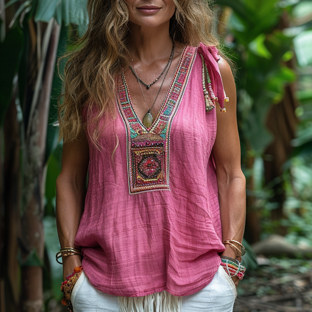 Woman - Ethnic Linen Top-inspireuse