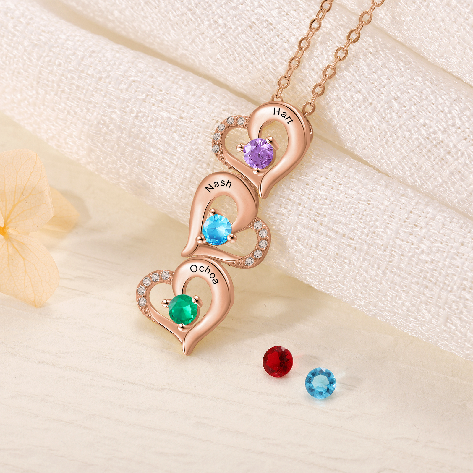 3 Names - Personalised Heart Pendant Necklace Custom Birthstones & Names Necklace Birthday Gift for Her-Jessemade AU
