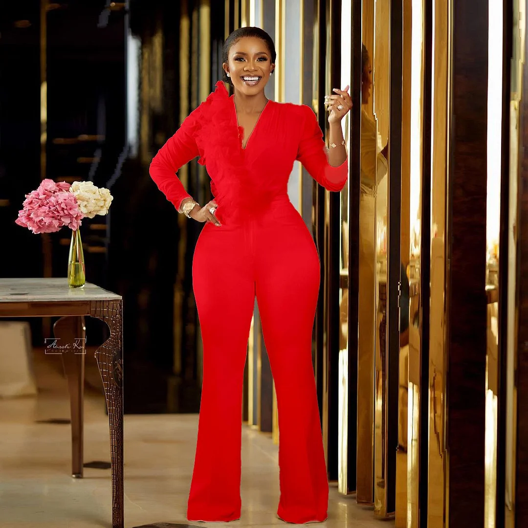 Wide Leg Long Sleeve Outfits Jumpsuit Lace Fashion Rompers Overalls Female Solid Lady Jumpsuits Backless V Neck V-neck
